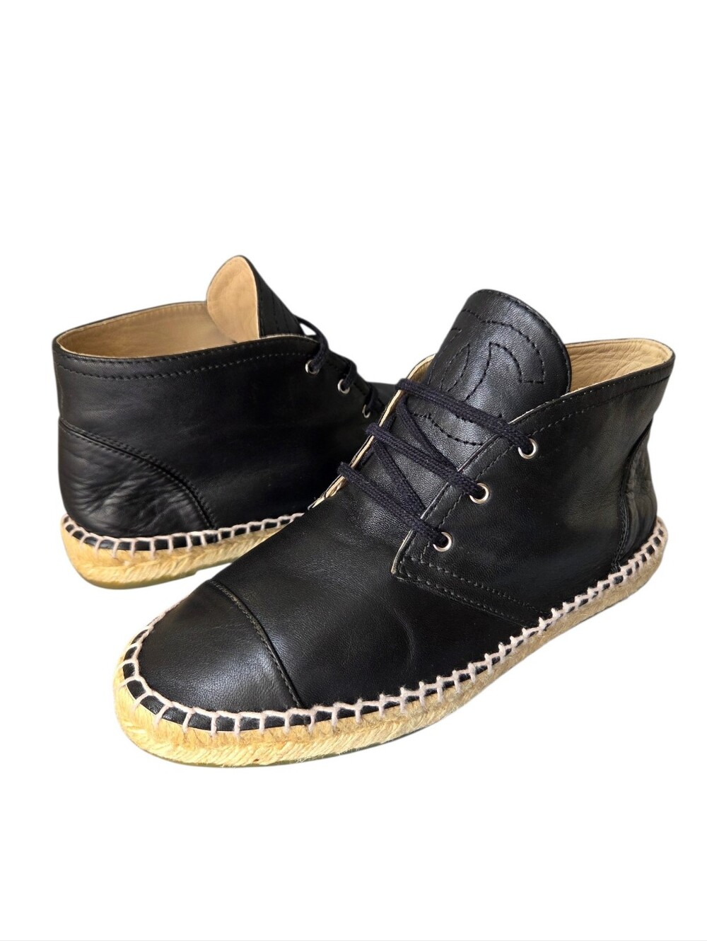 Chanel Black Leather Espadrille High Top Sneakers Size 38